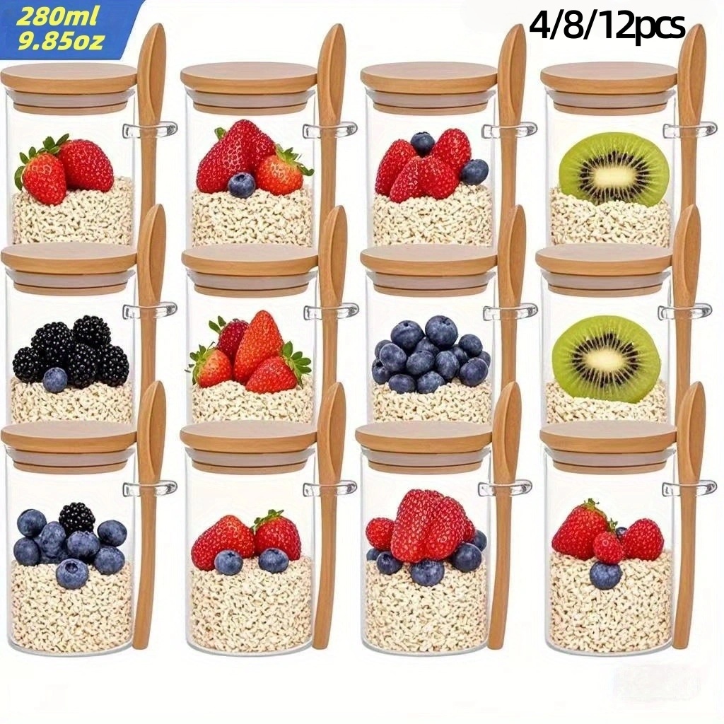 Meal Prep Yogurt Cups - 4/8/12 ชิ้น, ถ้วยอาหารเช้าข้าวโอ๊ตพร้อมฝาปิด (9.85 ออนซ์/280 มล.),
