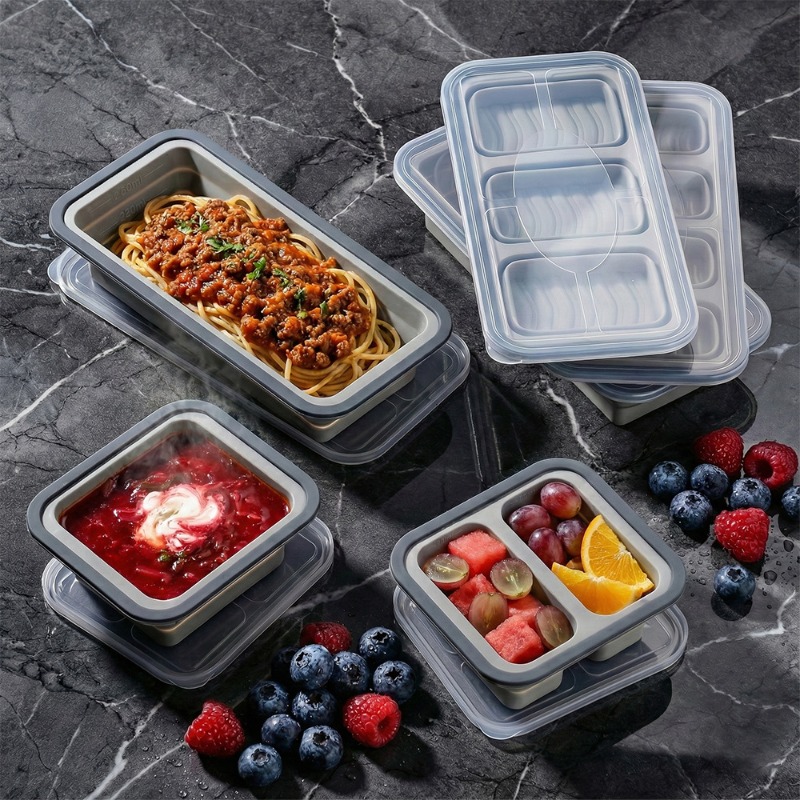 Meal Prep Oven Safe Containers - ถาดซิลิโคนสำหรับแช่แข็งพร้อมฝาปิด ถาดน้ำแข็งซิลิโคนสำหรับทำก้อนน้ำแข็งสำหรับซุป ภาชนะเตรียมอาหาร - ใช้กับเตาอบและเครื่องล้างจานได้