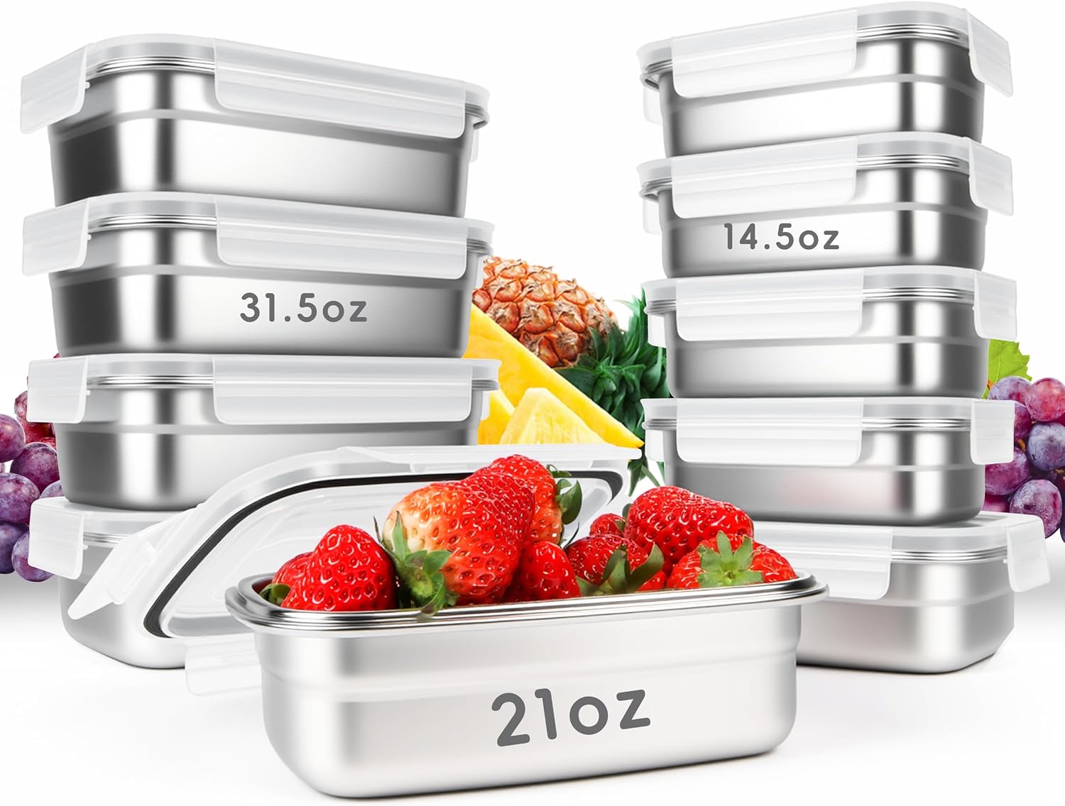 Meal Prep Oven Safe Containers - ชุดกล่องเก็บอาหารสแตนเลส 304 จำนวน 10 ชิ้น พร้อมฝาปิดกันรั่วซึม