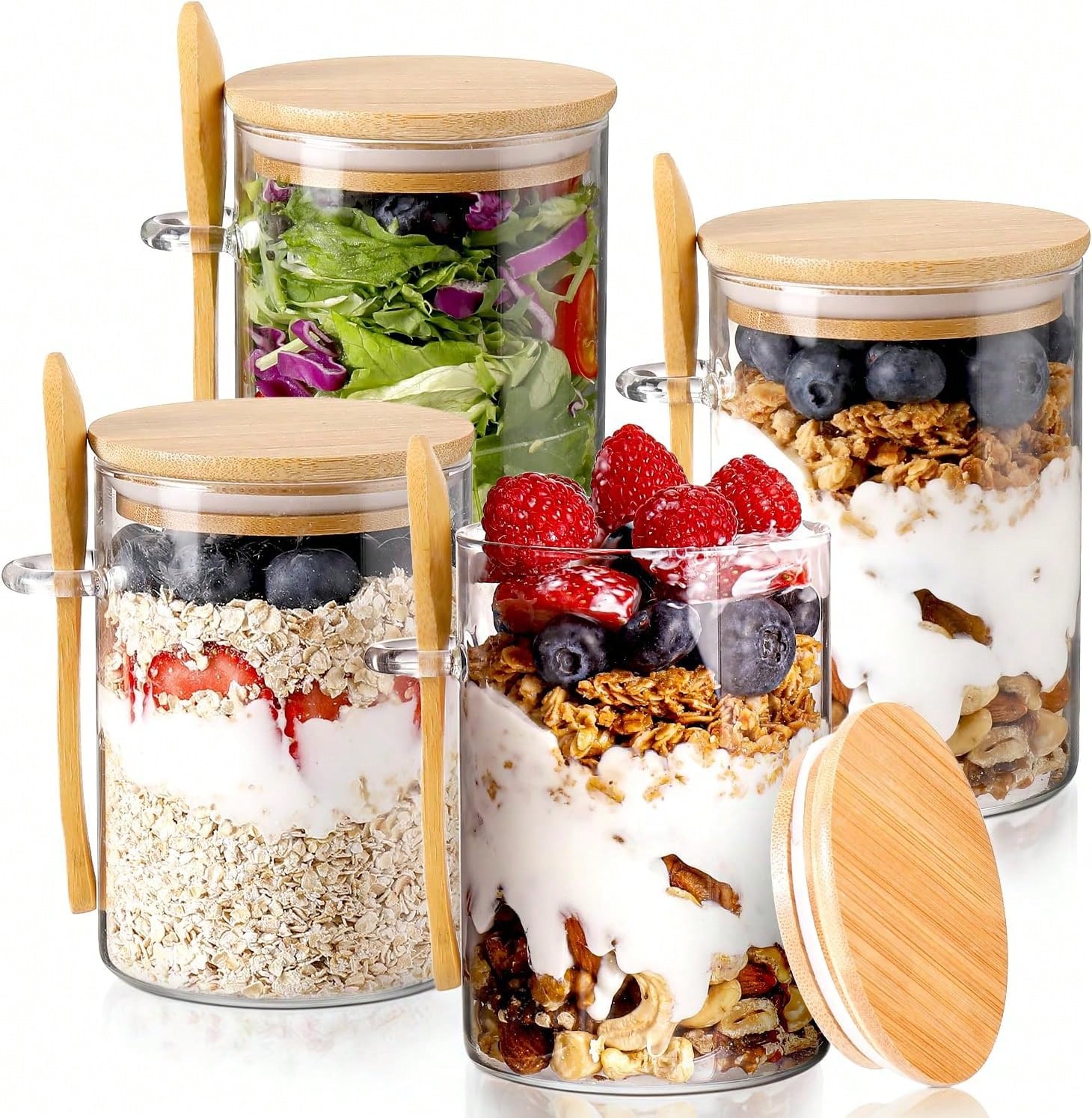 Meal Prep Yogurt Cups - ชุด 4 ชิ้น โหลแก้วสำหรับเก็บอาหารแบบทันสมัย พร้อมฝาปิดไม้ไผ่ที่ปิดสนิทและช้อน ที่วางช้อน