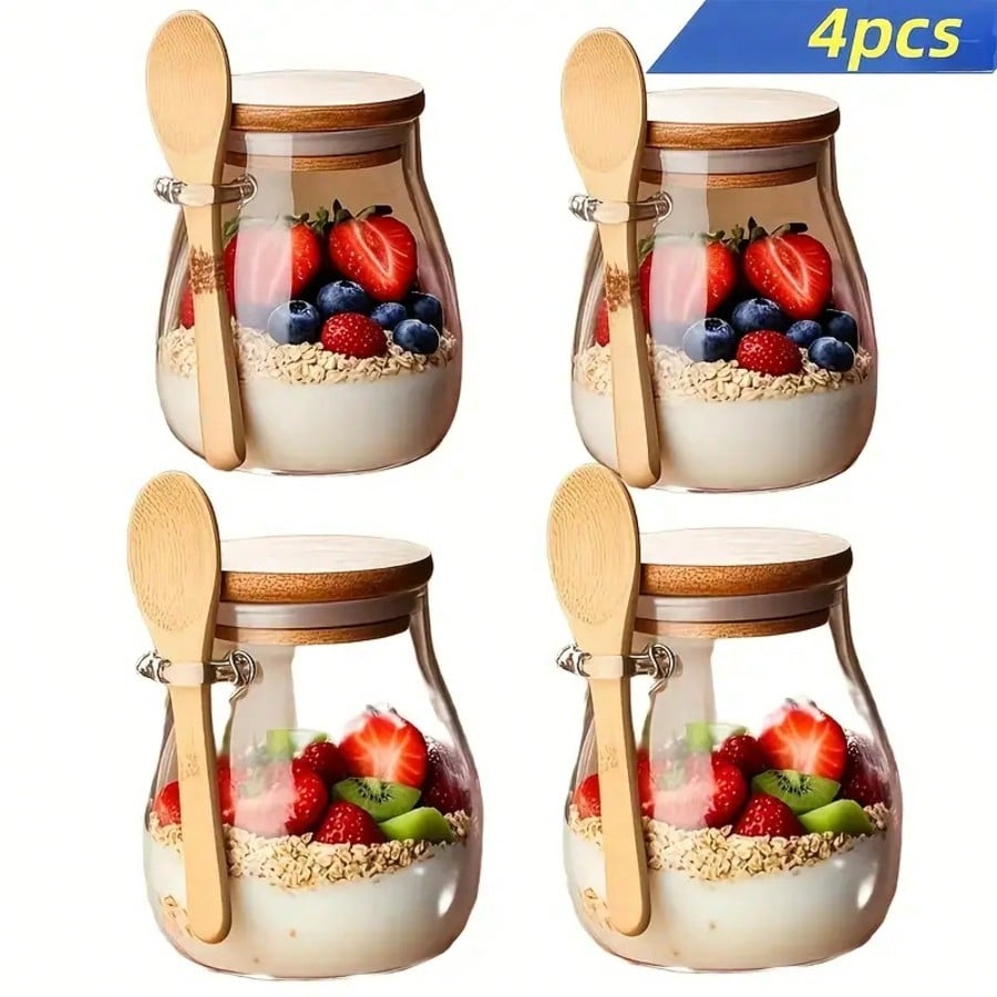 Meal Prep Yogurt Cups - ชุด 4 ชิ้น ภาชนะใส่โอเวอร์ไนท์โอ๊ต ขวดแก้วใสทันสมัย ขนาด
